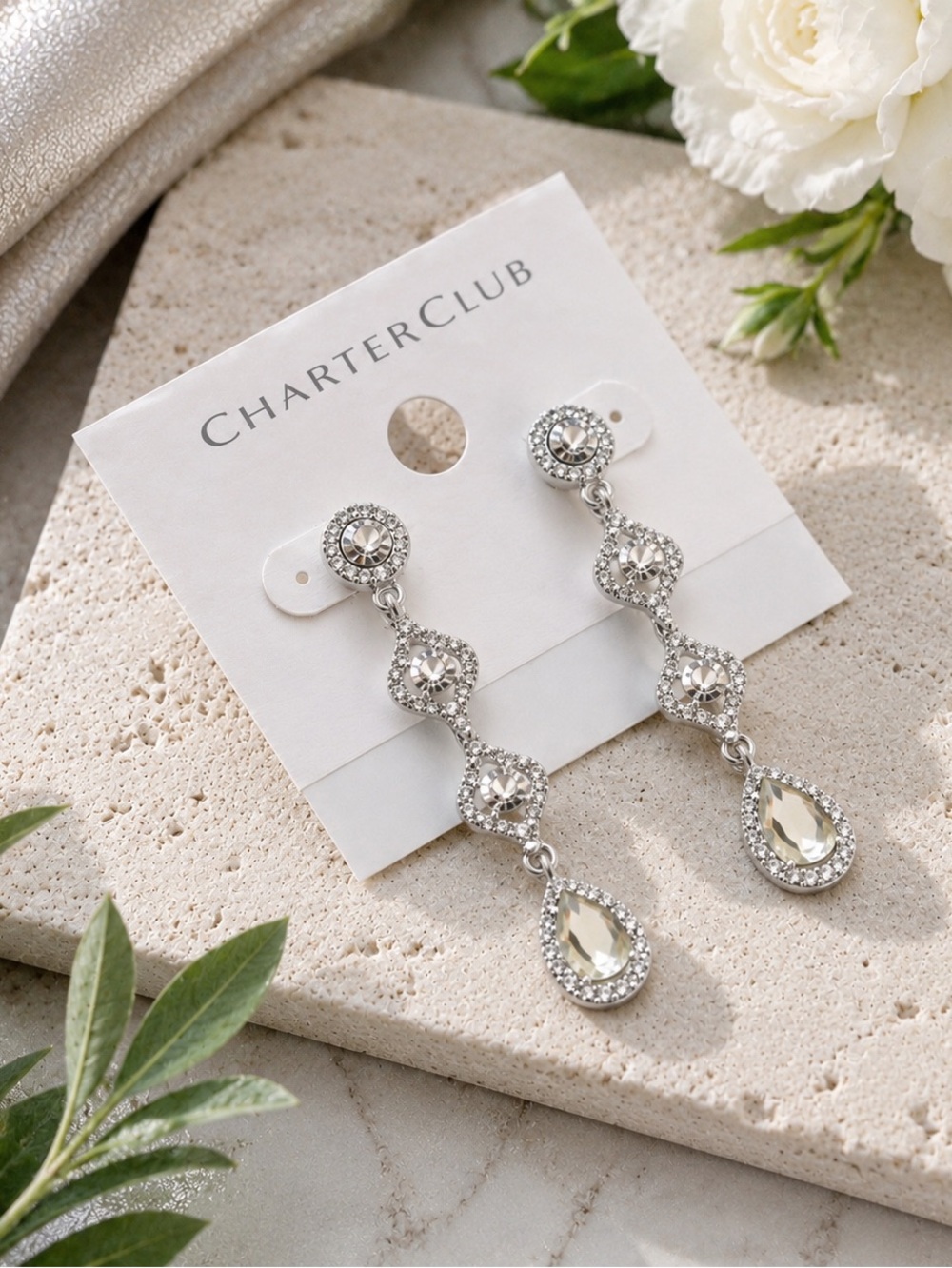 New Charter Club Sparkly Silver-Tone Teardrop Rhinestone Crystal Dangle Earrings
